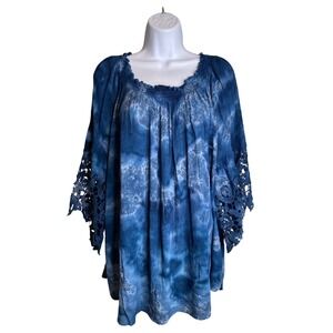 Indigo Thread Co Womens Blue Tie Dye Crochet Sleeve Top Sz 2X Peasant Flowy Boho